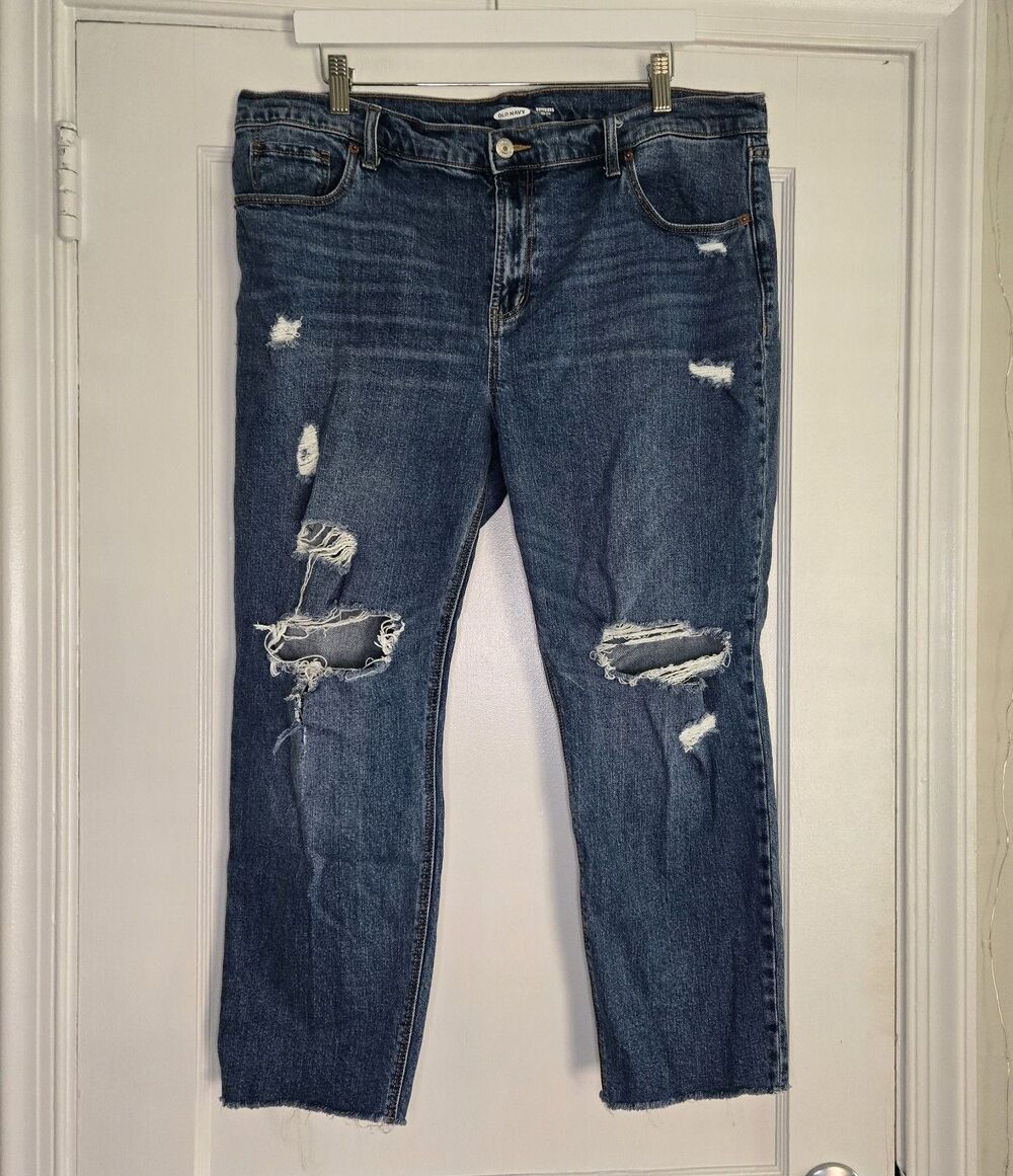 Old Navy Boyfriend Jeans Womens Mid Rise Distressed Blue Denim